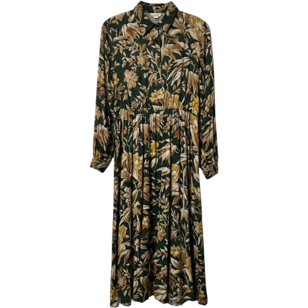 H&M Shirt Dress Womens 6 Green Floral  Button Front Elastic Waist Midi